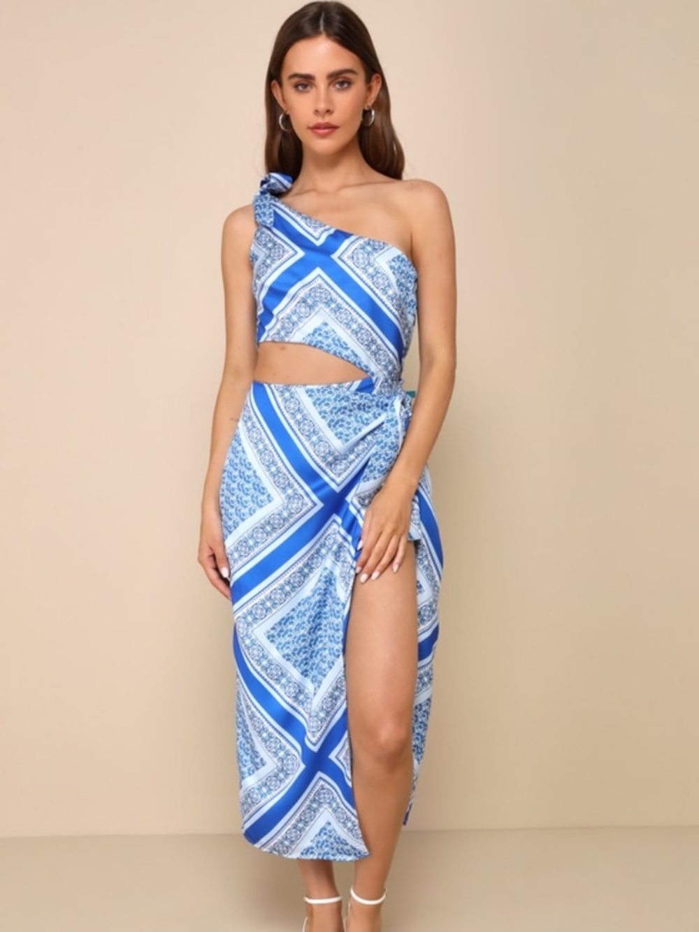 Lulus Vacay Beauty Blue Scarf Print One-shoulder Tie-strap Midi Dress - Size XS